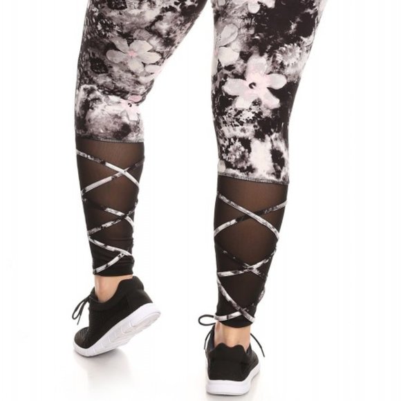 BLACK/GREY/PINK FLORAL MID-RISE LEGGING W/ STRAPPY MESH PANELS #7L18-02 - Picture 5 of 13